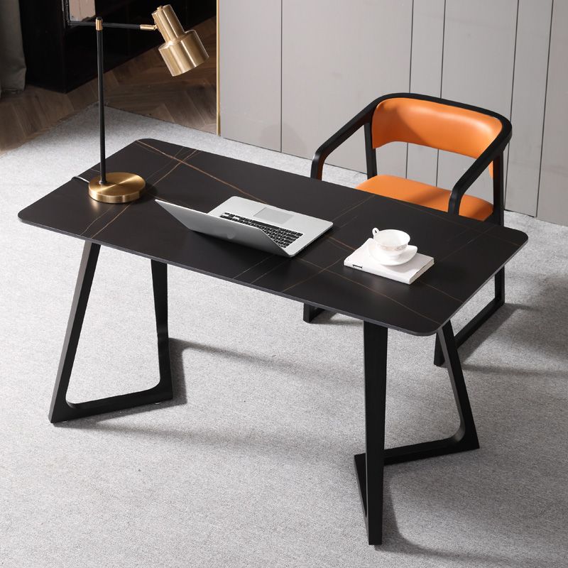 Black Rectangular Office Desk with Black Metal Base Modern Desk Clearhalo 'furn' 'furn_office_desk' 'Furniture' 'Office Desks' 'Office Furniture' 'office_desk' 1200x1200_5abcdecc-20db-4c2c-8b62-b1180a552b2b