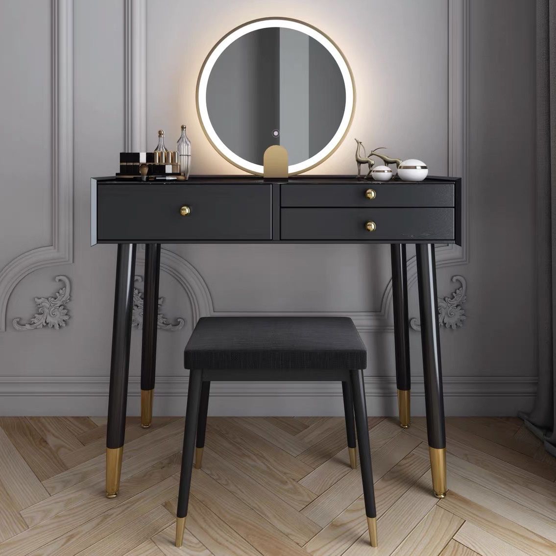 Scandinavian Lighted Mirror Makeup Vanity Desk in Wood Vanity Dressing Table Set Clearhalo 'Bedroom Furniture' 'furn' 'furn_makeup_vanities' 'Furniture' 'Makeup Vanities' 'makeup_vanities' 1200x1200_5aeb8d6e-1fb7-4355-b193-0690e68eb6ec