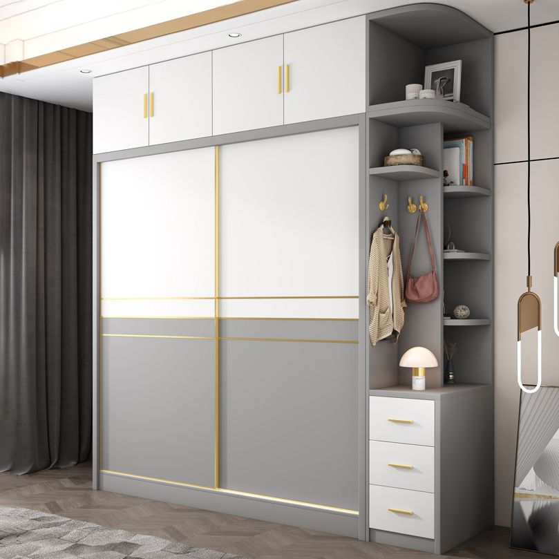 Armadio di stoccaggio bianco e grigio per moderni moderni in legno con porte scorrevoli