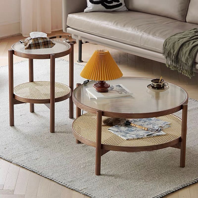 4 Legs Bunching Table with Solid Wood Base Round Coffee Table with Tempered Glass Top Clearhalo 'Coffee & Accent Tables' 'Coffee Tables' 'coffee_tables' 'furn' 'furn_coffee_tables' 'Furniture' 'Living Room Furniture' 1200x1200_5af631bf-cfa6-4e4e-9536-c22f2ce3b103