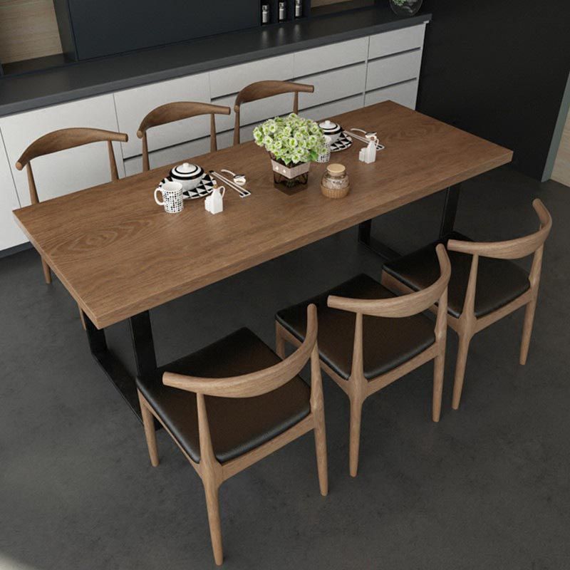 Rectangular Solid Wood Restaurant Dining Table Modern Brown Furniture with Double Pedestal