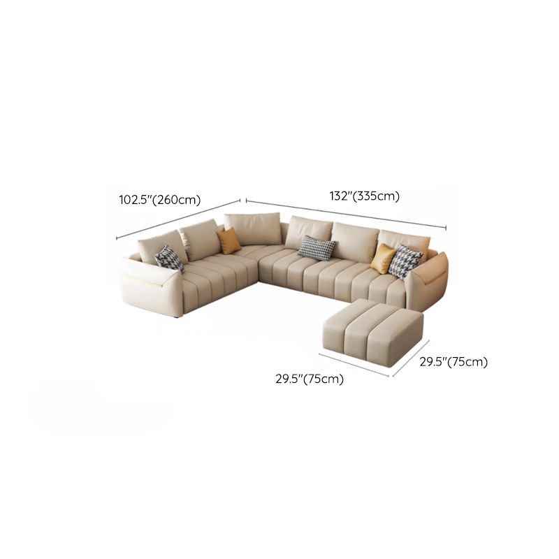 Contemporary Square Arm Loose Back Sofa and Chaise Beige Faux Leather U Sofa
