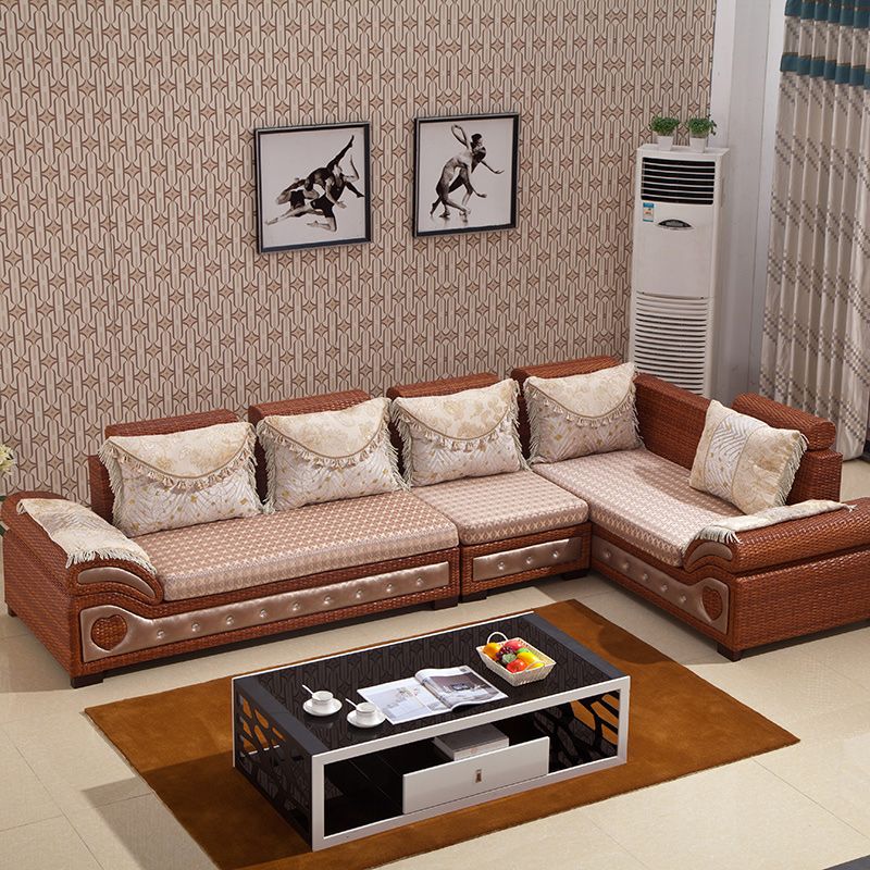 Rattan-Akzentsofa und Chaiselongue-Sofa im tropischen Stil mit Kissen