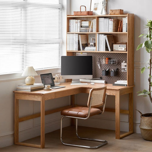 OAK L-Shape Home Writing Desk Drawer Cable Management Computer Ordink