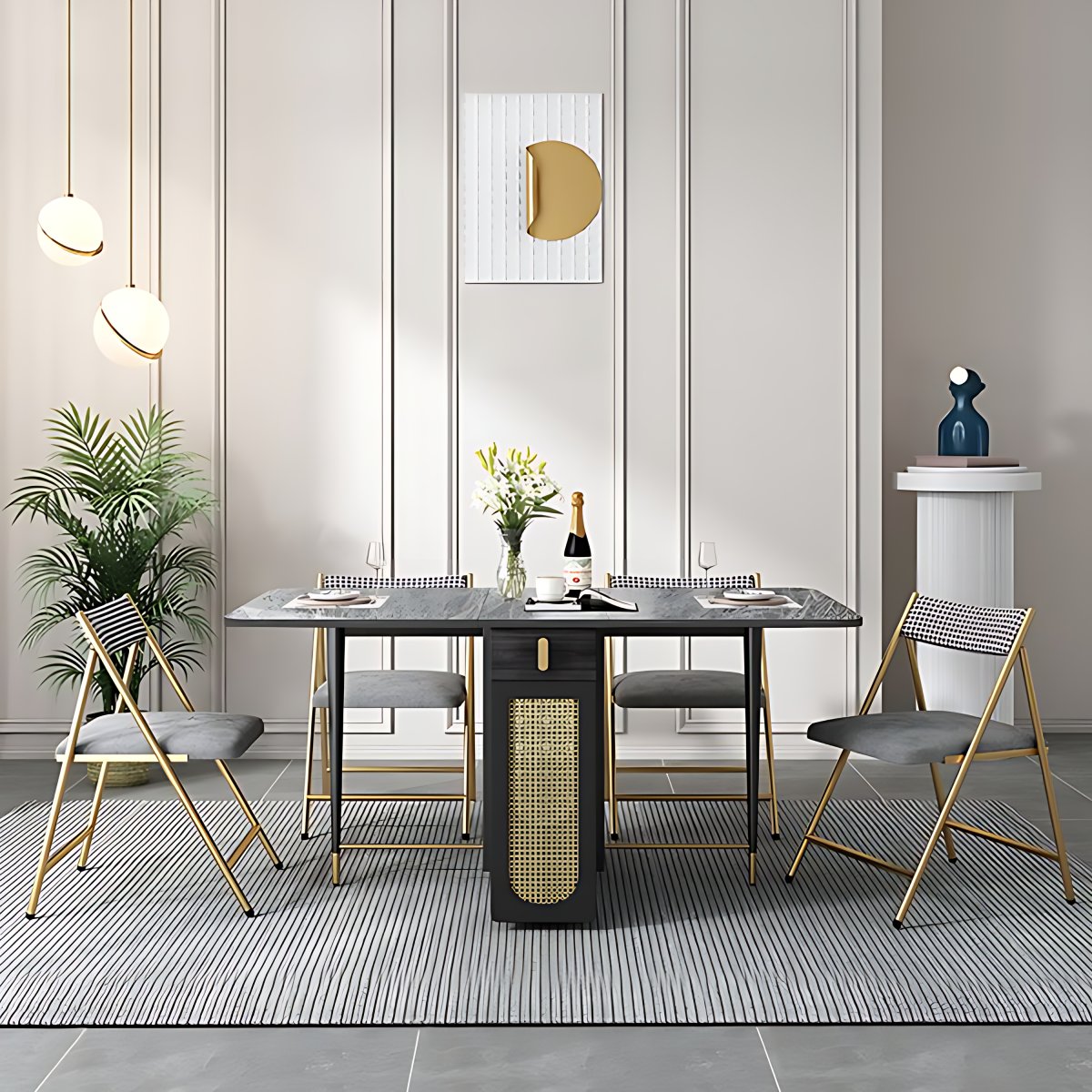 1/2/5 Pcs Metal Modern Dining Set with Rectangle Table and Foldable ...