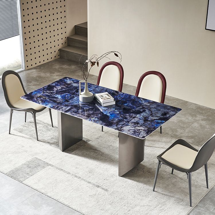 Mesa de comedor fija de piedra rectangular estilo simplicidad con pedestal doble