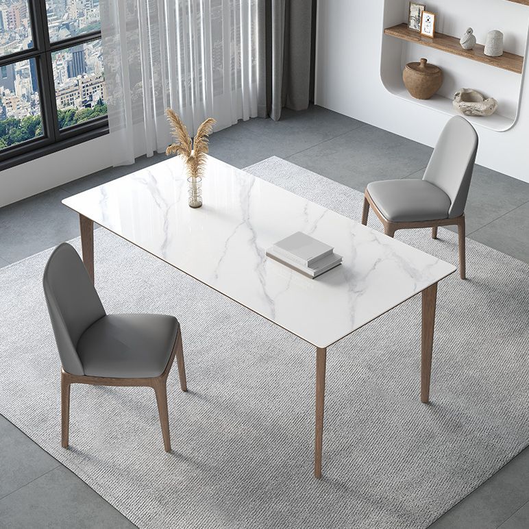 White Stone Top Dining Table Mid-Century Modern Dining Table with 4 Wood Legs