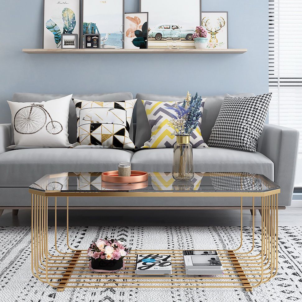 Gold Metal Frame Coffee Table Luxurious Cocktail Table with Shelf Clearhalo 'Coffee & Accent Tables' 'Coffee Tables' 'coffee_tables' 'furn' 'furn_coffee_tables' 'Furniture' 'Living Room Furniture' 1200x1200_5b5b8f7b-9132-4b6f-82e7-25d5a1169231