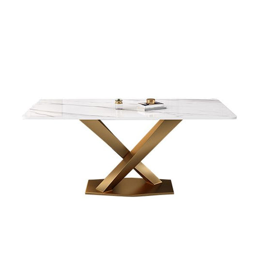Mesa de comedor de piedra sinterizada de lujo con pedestal individual en oro