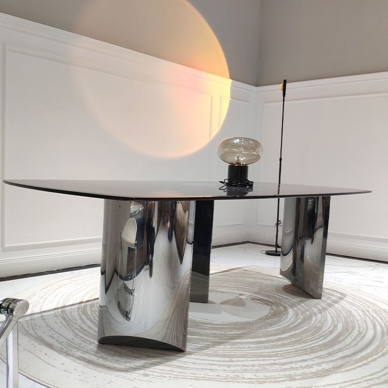 ガラストップダイニングテーブルステンレス鋼ベース付き長方形ダイニングテーブル