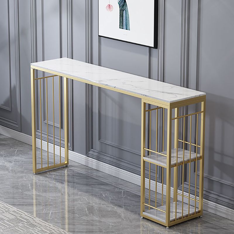Glam Rectangle Stone Pub Bar Table Gold Iron Double Pedestal Bar Dining Table with 2-Shelf Clearhalo 'Bar Furniture' 'Bar Tables' 'bar_tables' 'furn' 'furn_bar_tables' 'Furniture' 'furniture_bar_tables' 'Kitchen & Dining Furniture' 'kitchen&dining_furn' 'kitchen' 1200x1200_5bda7c82-5154-44d1-9f24-78f6b04b2ea4
