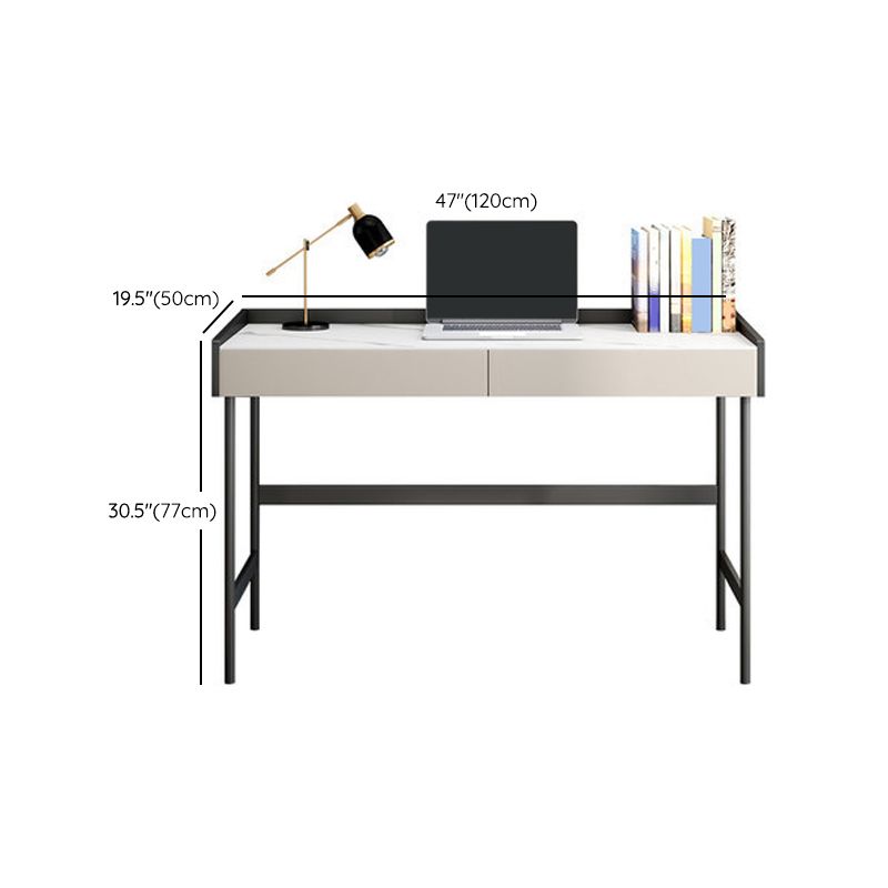Modern Stone Rectangular Writing Desk 2-Drawers White Office Desk with H-Base Clearhalo 'furn' 'furn_office_desk' 'Furniture' 'Office Desks' 'Office Furniture' 'office_desk' 1200x1200_5bdfe50b-7485-4444-a873-ac00a611f75e