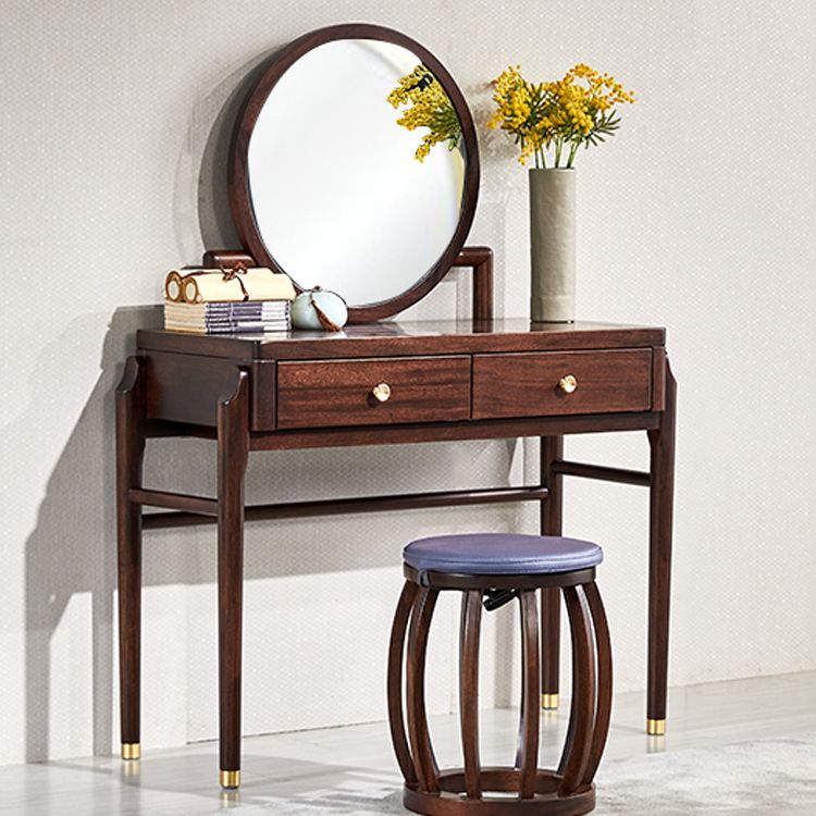 Traditions Solid Wood Vanity Set with Stool Set Brown Dresser with 2-Drawer and Mirror