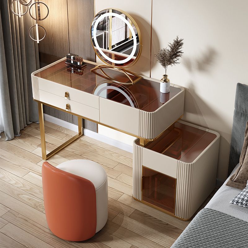 Glam Beige Makeup Vanity Set 30" Tall Glass/Slate Top Dressing Table Clearhalo 'Bedroom Furniture' 'furn' 'furn_makeup_vanities' 'Furniture' 'Makeup Vanities' 'makeup_vanities' 1200x1200_5c0c15e9-e3c3-4e8f-bafd-100d68a57618