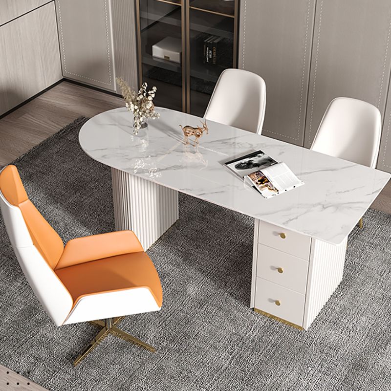 Escritorio de oficina de medio círculo de piedra Glam Stone 29.53 pulgadas de alto escritorio de escritura