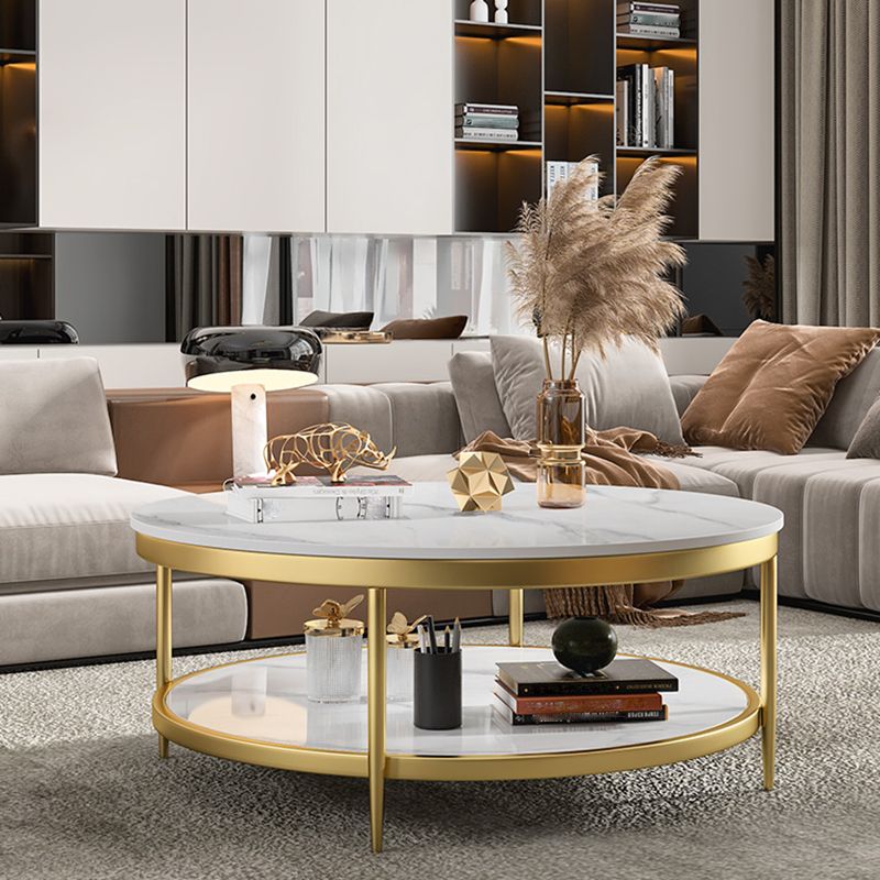 17.7" H Glam Round Slate Coffee Table Metal 4 Legs Cocktail Table with Shelf Clearhalo 'Coffee & Accent Tables' 'Coffee Tables' 'coffee_tables' 'furn' 'furn_coffee_tables' 'Furniture' 'Living Room Furniture' 1200x1200_5c1e9658-a101-4431-9260-00244da54d9d