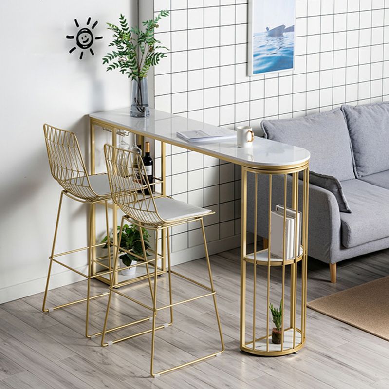 Glam Faux Marble Bistro Table Indoor Iron Double Pedestal Bar Dining Table with 4-Shelf Clearhalo 'Bar Furniture' 'Bar Tables' 'bar_tables' 'furn' 'furn_bar_tables' 'Furniture' 'furniture_bar_tables' 'Kitchen & Dining Furniture' 1200x1200_5c21b5f0-79b3-4dc7-95ea-273e0b6be405