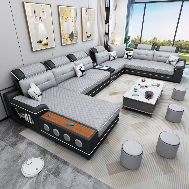 Sofá seccional de cuero de campo sintético francés con brazos de almohada