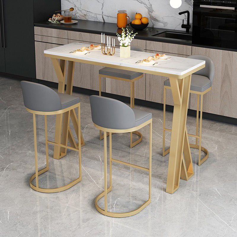 Glam Gold Steel Bar Dining Table with White Faux Marble Top Rectangle Indoor Bistro Table Clearhalo 'Bar Furniture' 'Bar Tables' 'bar_tables' 'furn' 'furn_bar_tables' 'Furniture' 'furniture_bar_tables' 'Kitchen & Dining Furniture' 1200x1200_5c2e542b-2478-4bc4-8cb4-cd3aabc69857