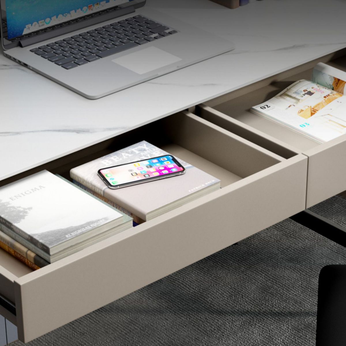 2 laden Office Desk Stone rechthoekig schrijfbureau met ijzeren benen