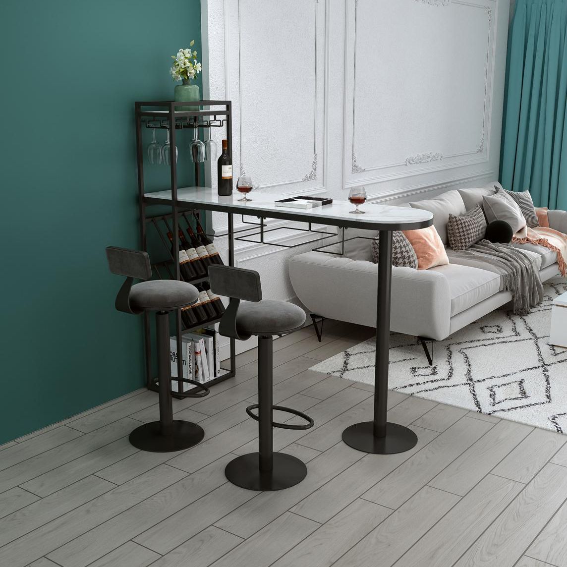 Glam Style Iron Bar Table 41.3"H Faux Marble White Top Bistro Table with Wine Rack Clearhalo 'Bar Furniture' 'Bar Tables' 'bar_tables' 'furn' 'furn_bar_tables' 'Furniture' 'furniture_bar_tables' 'Kitchen & Dining Furniture' 'kitchen&dining_furn' 'kitchen' 1200x1200_5c650f82-f148-4d11-93d7-4bf4c4532723