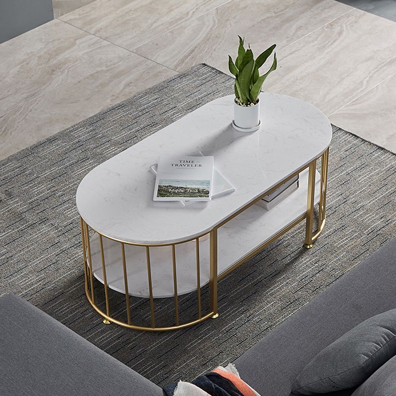 Glam Style Oval Coffee Table with Marble Top and 1 Shelf in White Clearhalo 'Coffee & Accent Tables' 'Coffee Tables' 'coffee_tables' 'furn' 'furn_coffee_tables' 'Furniture' 'Living Room Furniture' 1200x1200_5c6be102-d65a-4745-8e27-7c1618519685
