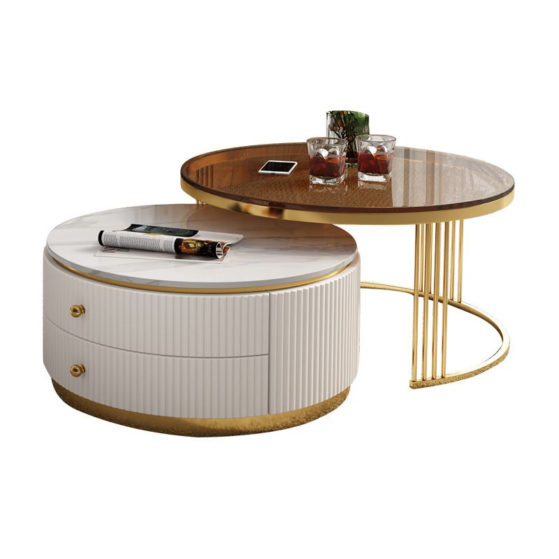 Mesa de centro moderna para cóctel, mesa de centro redonda de cristal/pizarra con 2 cajones