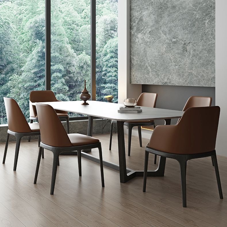 Rectangle Trestle Base Industrial Table White Fixed Table with Sintered Stone Clearhalo 'Dining Tables & Seating' 'Dining Tables' 'dining_table' 'furn' 'furn_dining_table' 'Furniture' 'furniture_dining_table' 'Kitchen & Dining Furniture' 1200x1200_5c88422b-f64a-4fac-b28e-875f760a71ea