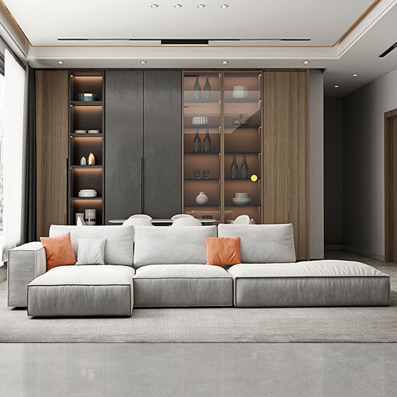 Simple Light-grey Sofa/Sectional with Faux Leather and Pillowed Back Cushions Clearhalo 'furn' 'furn_sectionals' 'Furniture' 'furniture_sectionals' 'kitchen' 'kitchen_sectionals' 'Living Room Furniture' 'Sectionals' 1200x1200_5cbd6ced-935d-43c5-a14b-ed70a7811e83