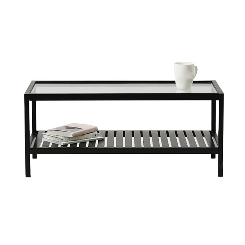 Modern Wooden Frame Coffe Table with Glass Top and Storage Shelf