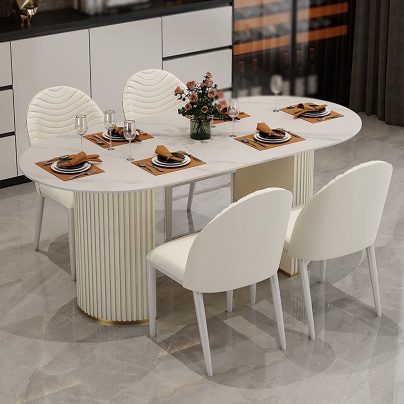 Contemporary Oval Dining Table Stone and Metal Double Pedestal Dining Table in White Clearhalo 'Dining Tables & Seating' 'Dining Tables' 'dining_table' 'furn' 'furn_dining_table' 'Furniture' 'furniture_dining_table' 'Kitchen & Dining Furniture' 1200x1200_5cfa9004-b242-4b99-85bf-d866405770a4