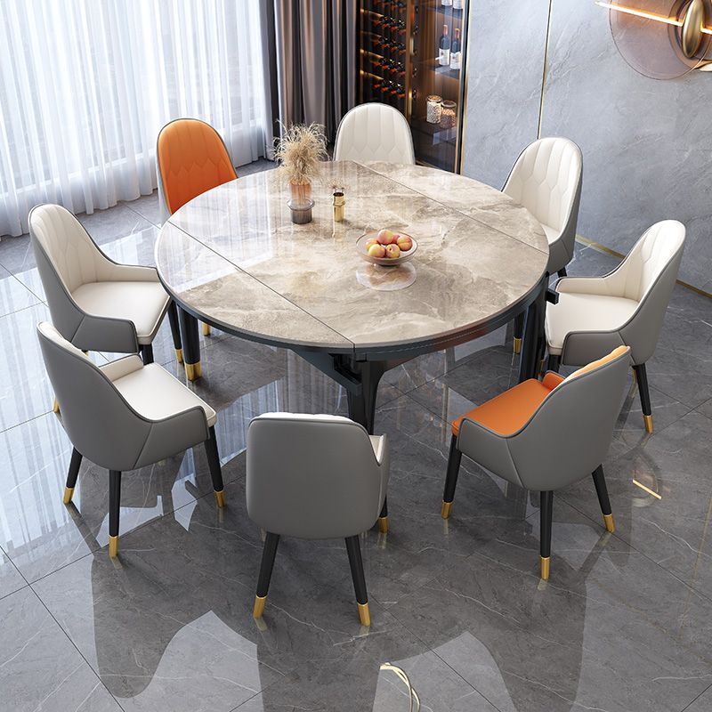 Modern Extendable Grey Stone Top Dining Table with 4 Black Steel Legs Clearhalo 'Dining Tables & Seating' 'Dining Tables' 'dining_table' 'furn' 'furn_dining_table' 'Furniture' 'Kitchen & Dining Furniture' 1200x1200_5d15748a-78e0-43ba-9b2e-05658f2895dc