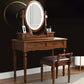 Vanity di trucco in legno in solido marrone con cassetti e tavolo da toeletta a specchio
