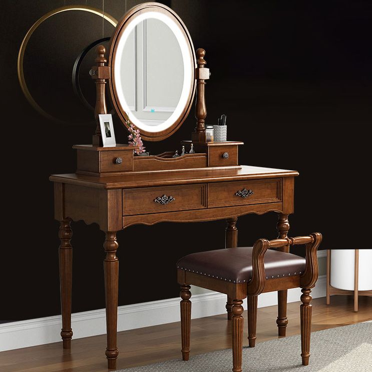 Vanity di trucco in legno in solido marrone con cassetti e tavolo da toeletta a specchio