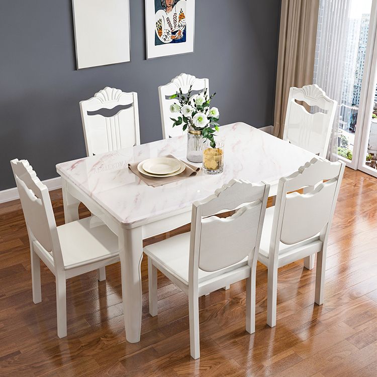 Victorian Style Marble Dining Set with White Fixed Table and 4 Legs Base Clearhalo 'Dining Room Sets' 'Dining Tables & Seating' 'dining_room_set' 'furn' 'furn_dining_room_set' 'Furniture' 'furniture_dining_room_set' 'Kitchen & Dining Furniture' 'kitchen&dining_furn' 'kitchen' 1200x1200_5d5d3838-1b9d-42db-a97b-6c17fc9ba858