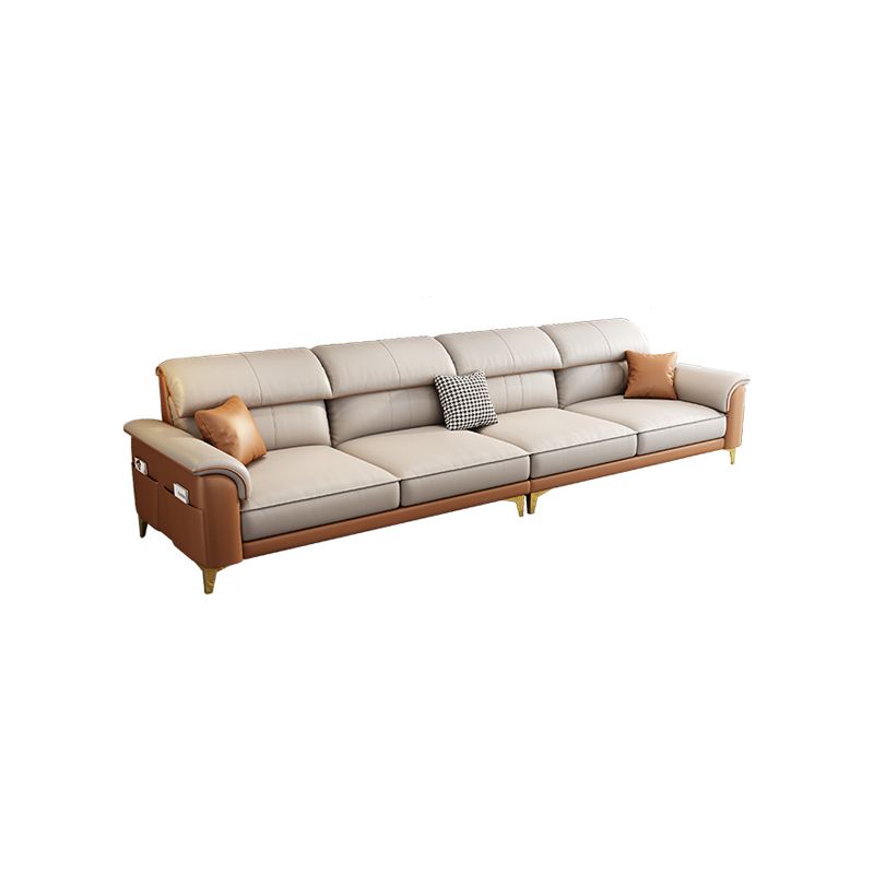 Modern Faux Leather Beige Sofa with Pillow Top Arm for Living Room Clearhalo 'furn' 'furn_sectionals' 'Furniture' 'furniture_sectionals' 'Living Room Furniture' 'Sectionals' 1200x1200_5d8a04ad-9cce-4306-8d1e-748e4a10993f