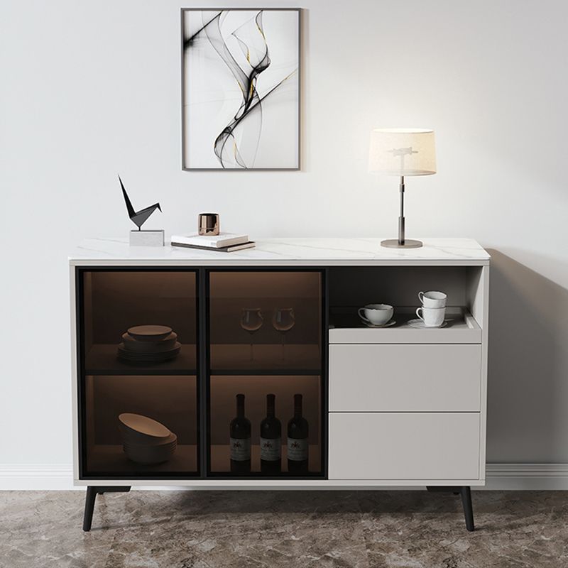 Glass Door Stone Buffet Sideboard Contemporary Style Credenza with LED Lights Clearhalo 'buffet_sideboard' 'Buffets & Sideboards' 'furn' 'furn_buffet_sideboard' 'Furniture' 'Kitchen & Dining Furniture' 1200x1200_5d8eae68-b639-4963-84ab-ff7bb3ac672c