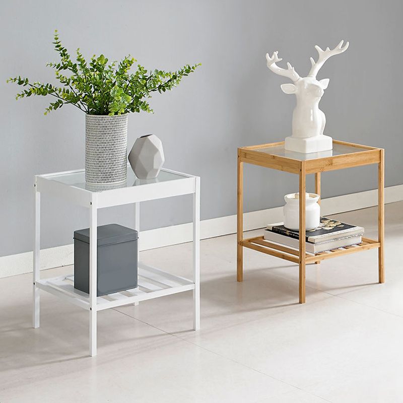 Moderner Glas Top Night Tisch Offener Aufbewahrung Bambus Bett Nachttisch mit Beinen