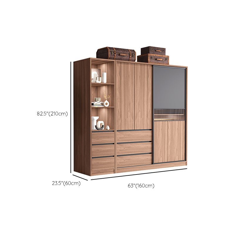 Contemporary Freestanding Wardrobe Armoire Brown Wood Wardrobe with Drawers