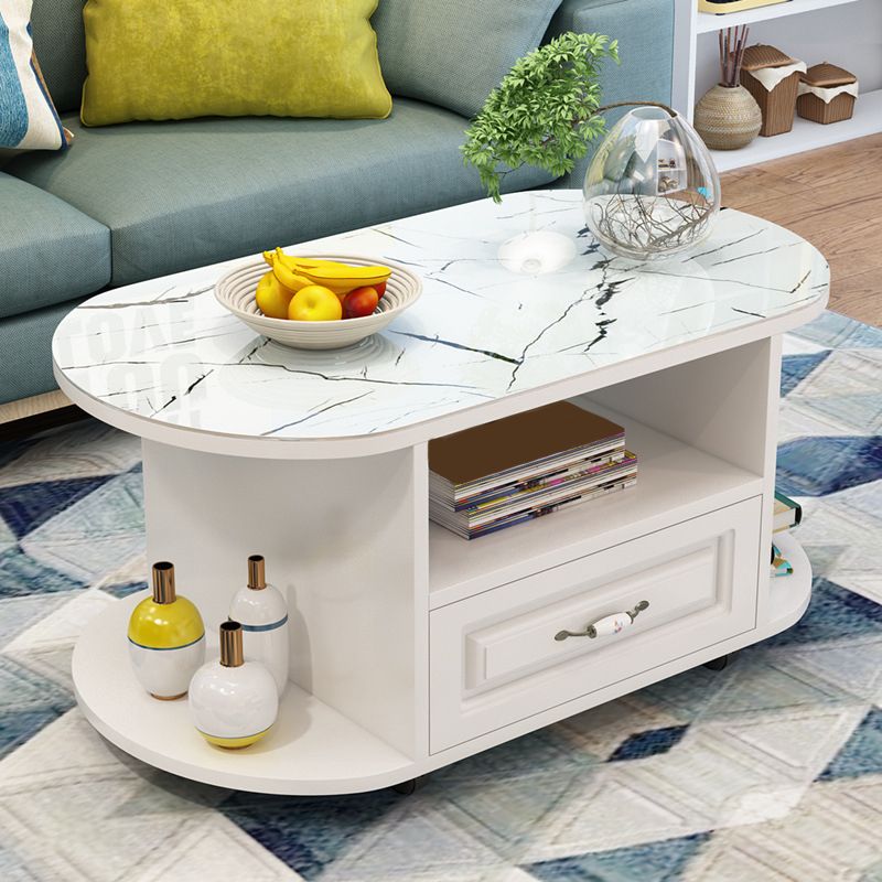 table basse ovale moderne avec étagère et tiroir et roulettes