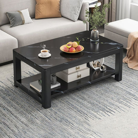 Rectangular Black Metal 4 Legs Base Design with Storage Shelf Coffee Table