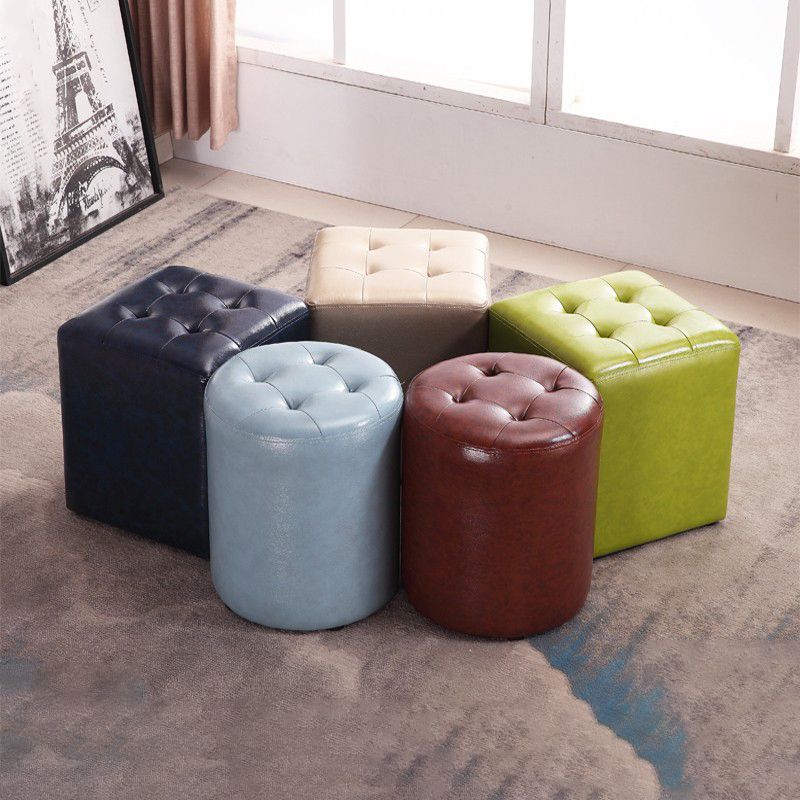Mid-Century Modern Ottoman Water Resistant Solid Color Tufted Genuine Leather Cube Ottoman
