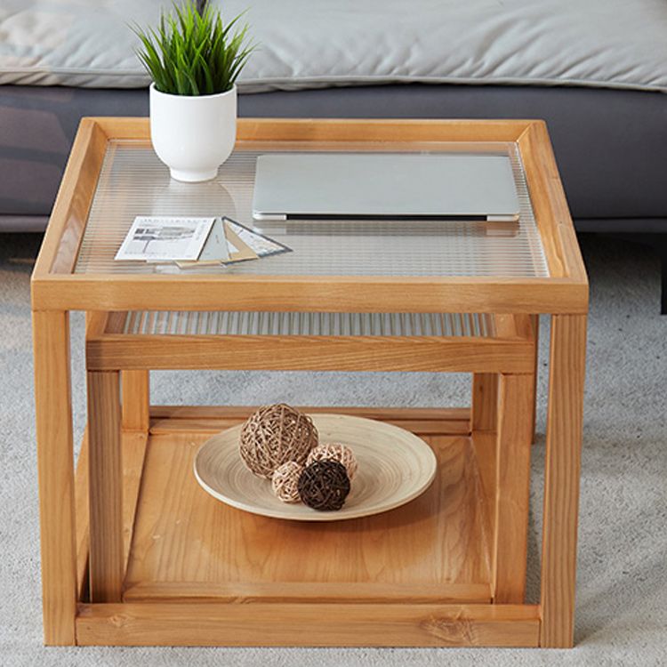 Tavolino da caffè moderno con piano in vetro Tavolo da cocktail quadrato in legno naturale