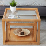 モダンなガラストップコーヒーテーブルスクエアナチュラルウッドカクテルテーブル