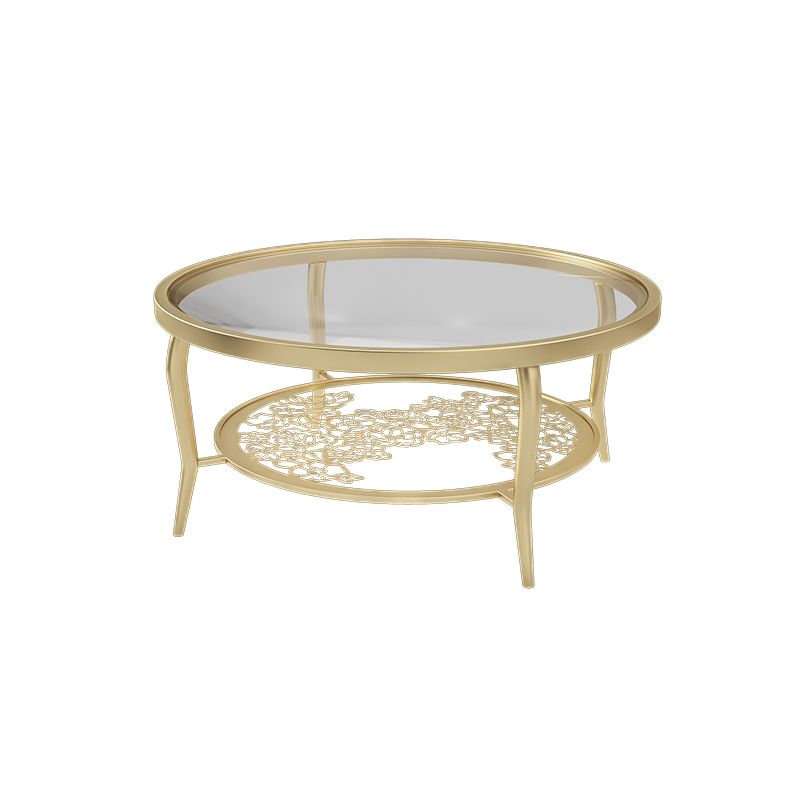 23.6"/17.7"H Modern 4 Legs Steel Base Glass Round Coffee Table with Shelf Clearhalo 'Coffee & Accent Tables' 'Coffee Tables' 'coffee_tables' 'furn' 'furn_coffee_tables' 'Furniture' 'furniture_coffee_tables' 'Living Room Furniture' 1200x1200_5e8035b7-8edb-406e-b121-17ef82f8745b