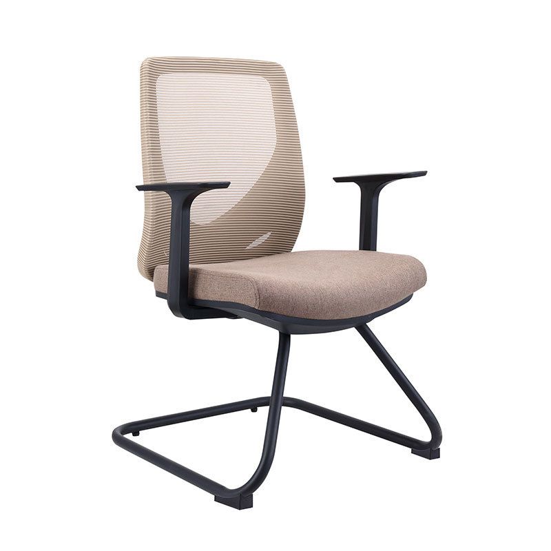 Eigentijdse fauteuil met vaste armleuningen, bruine bureaustoel met middenrug