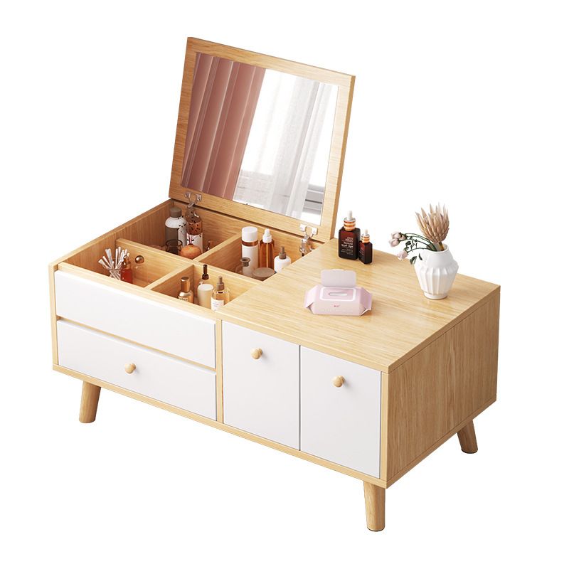 Zeitgenössischer natürlicher Schlafzimmer Massivholzspiegel mit Schubladen Make -up Eitelkeitssatz