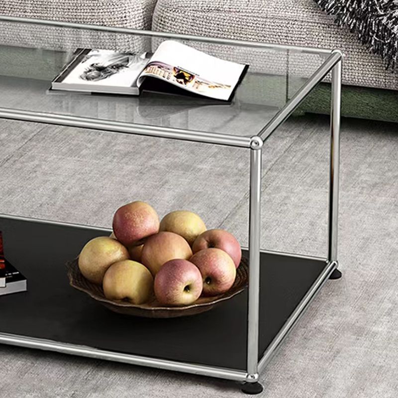 Rectangular Steel Coffee Table Modern Glass Top Cocktail Table with Floor Shelf