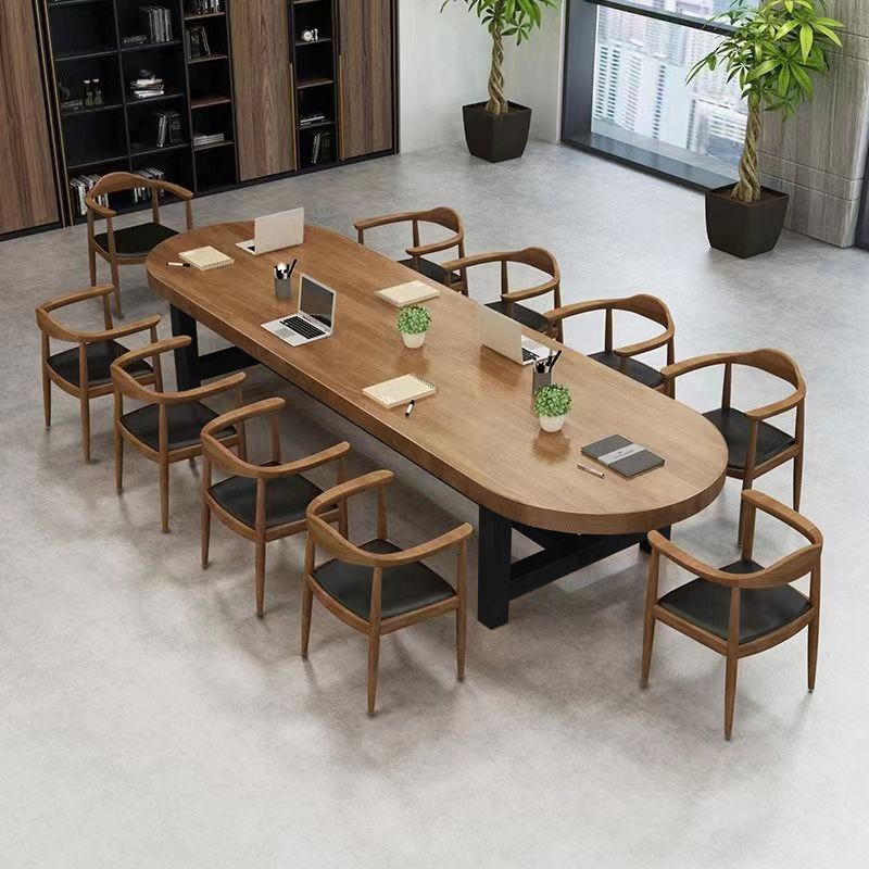 Solid Wood Oval Office Desk 29.53-inch Tall Writing Desk with Iron Legs Clearhalo 'furn' 'furn_office_desk' 'Furniture' 'Office Desks' 'Office Furniture' 'office_desk' 1200x1200_5ec98fda-e646-43d8-909d-a9775db69e34