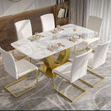 Luxury Sintered Stone Dining Table Rectangle White Table with Metal Pedestal in Gold Clearhalo ' dining_table' 'Dining Tables & Seating' 'Dining Tables' 'furn' 'furn_dining_table' 'Furniture' 'furniture_dining_table' 'Kitchen & Dining Furniture' 'kitchen&dining_furn' 'kitchen' 'kitchen_dining_table' 1200x1200_5eecaeee-55fc-4bf5-90c1-6f1c579e2758